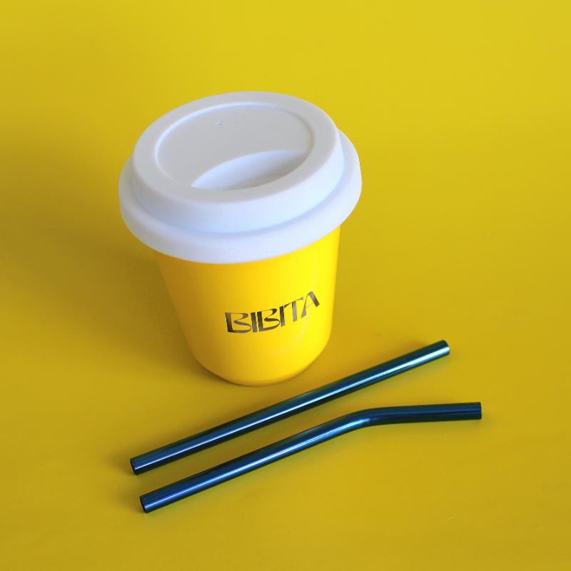 BIBITA | Medium Double Wall Stainless Steel Reusable Cup | Sunshine Yellow | Straw Lid (Black) & Blue Straws