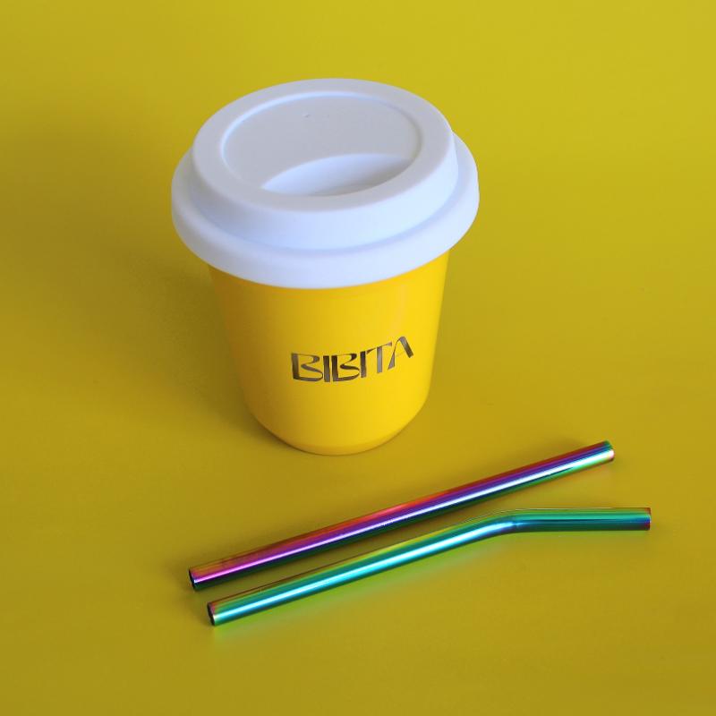 BIBITA | Medium Double Wall Stainless Steel Reusable Cup | Sunshine Yellow | Straw Lid (Black) & Rainbow Straws