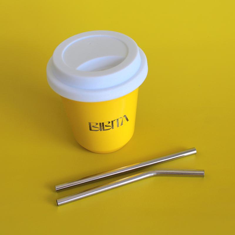 BIBITA | Medium Double Wall Stainless Steel Reusable Cup | Sunshine Yellow | Straw Lid (Black) & Silver Straws