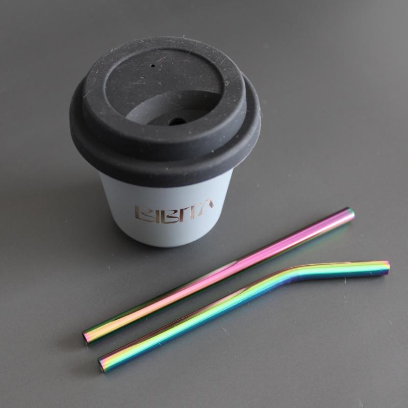 BIBITA | Small Double Wall Stainless Steel Reusable Cup | Cloud Grey | Straw Lid & Rainbow Straws