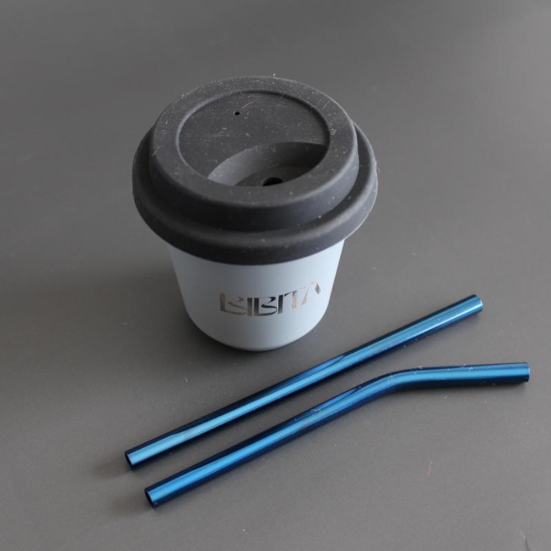 BIBITA | Small Double Wall Stainless Steel Reusable Cup | Cloud Grey | Straw Lid & Blue Straws