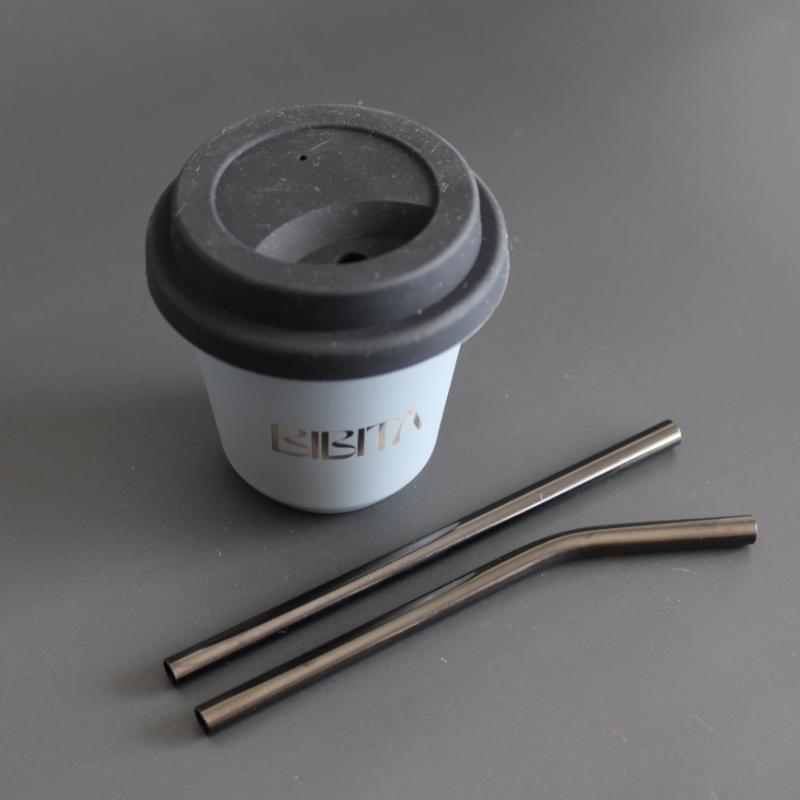 BIBITA | Small Double Wall Stainless Steel Reusable Cup | Cloud Grey | Straw Lid & Black Straws