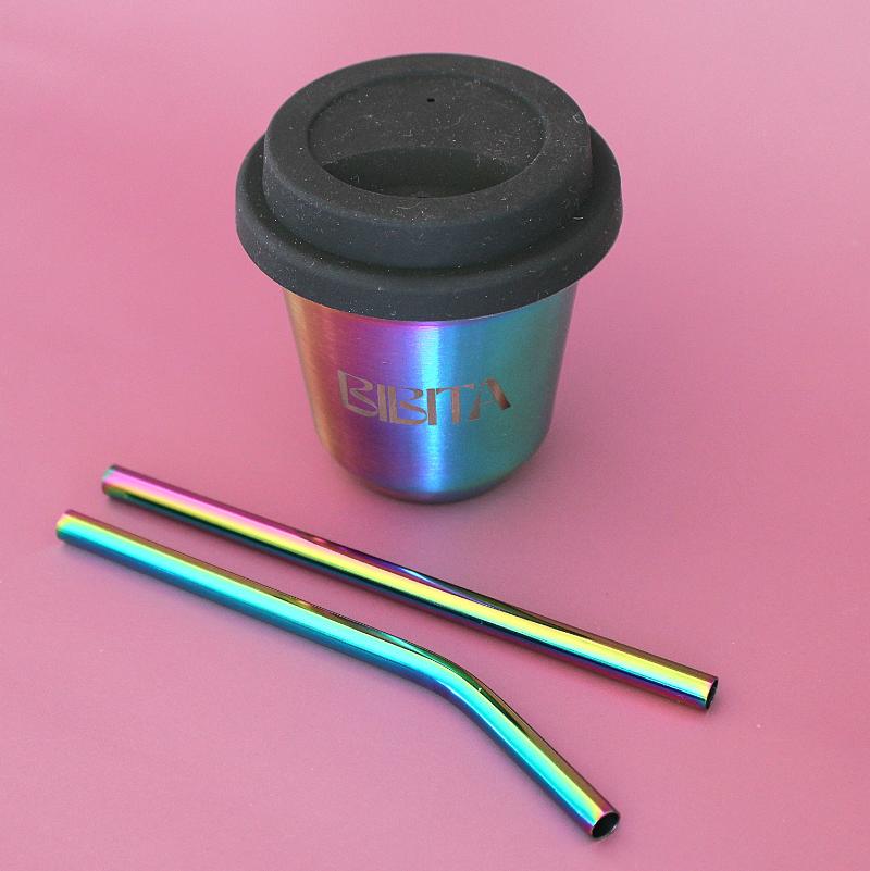 BIBITA | Small Double Wall Stainless Steel Reusable Cup | Rainbow | Straw (Black) Lid & Rainbow Straws