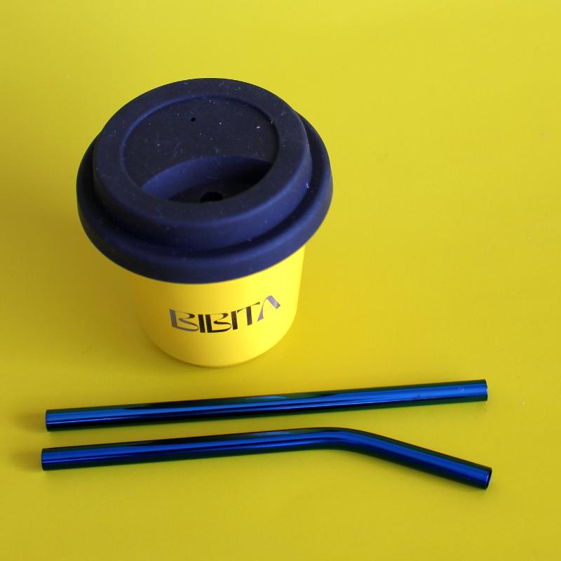 BIBITA | Small Double Wall Stainless Steel Reusable Cup | Sunshine Yellow | Straw Lid & Blue Straws
