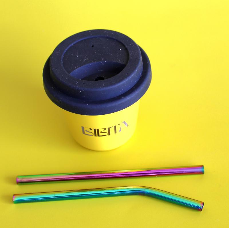 BIBITA | Small Double Wall Stainless Steel Reusable Cup | Sunshine Yellow | Straw Lid & Rainbow Straws