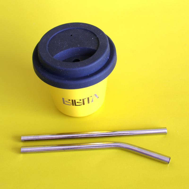 BIBITA | Small Double Wall Stainless Steel Reusable Cup | Sunshine Yellow | Straw Lid & Silver Straws