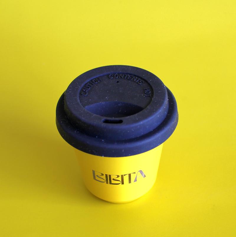 BIBITA | Small Double Wall Stainless Steel Reusable Cup | Standard Lid in Black | Sunshine Yellow