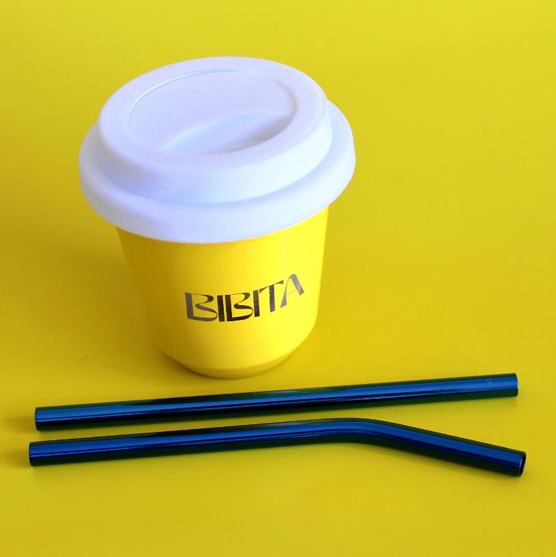 BIBITA | Small Double Wall Stainless Steel Reusable Cup | Sunshine Yellow | Straw Lid (White ) & Blue Straws