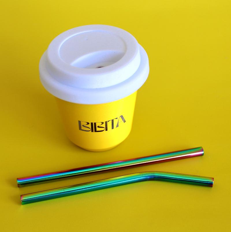 BIBITA | Small Double Wall Stainless Steel Reusable Cup | Sunshine Yellow | Straw Lid (White ) & Rainbow Straws