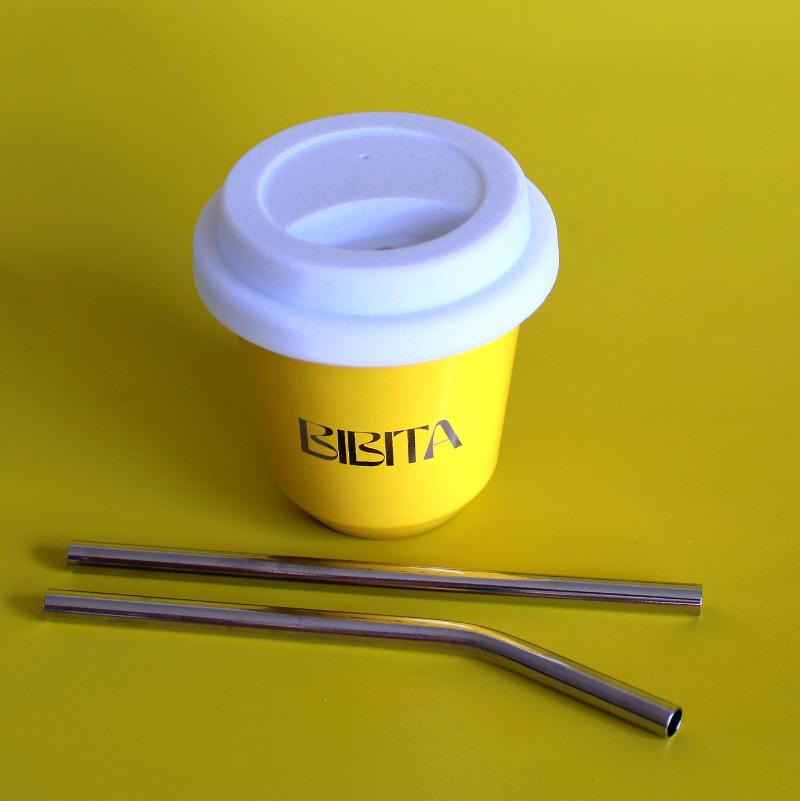 BIBITA | Small Double Wall Stainless Steel Reusable Cup | Sunshine Yellow | Straw Lid (White ) & Silver Straws