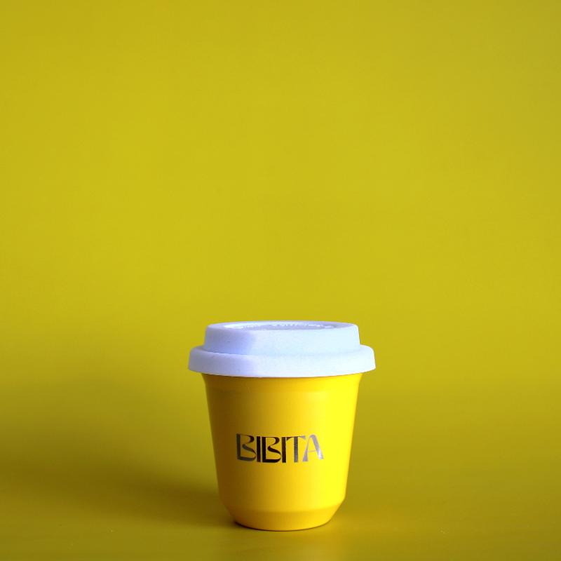 BIBITA | Small Double Wall Stainless Steel Reusable Cup | Standard Lid in White | Sunshine Yellow