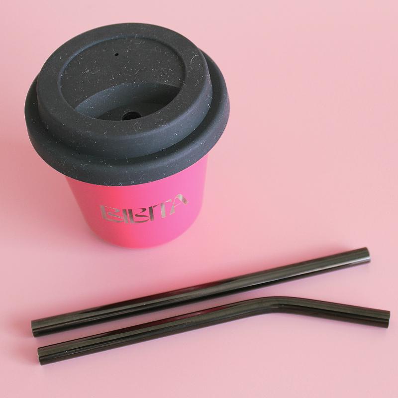 BIBITA | Small Double Wall Stainless Steel Reusable Cup | Straw Lid (Black) & Black Straws | Watermelon Pink