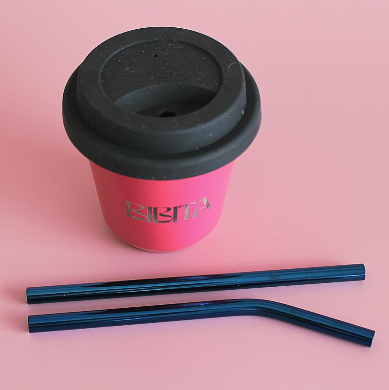 BIBITA | Small Double Wall Stainless Steel Reusable Cup | Straw Lid (Black) & Blue Straws | Watermelon Pink