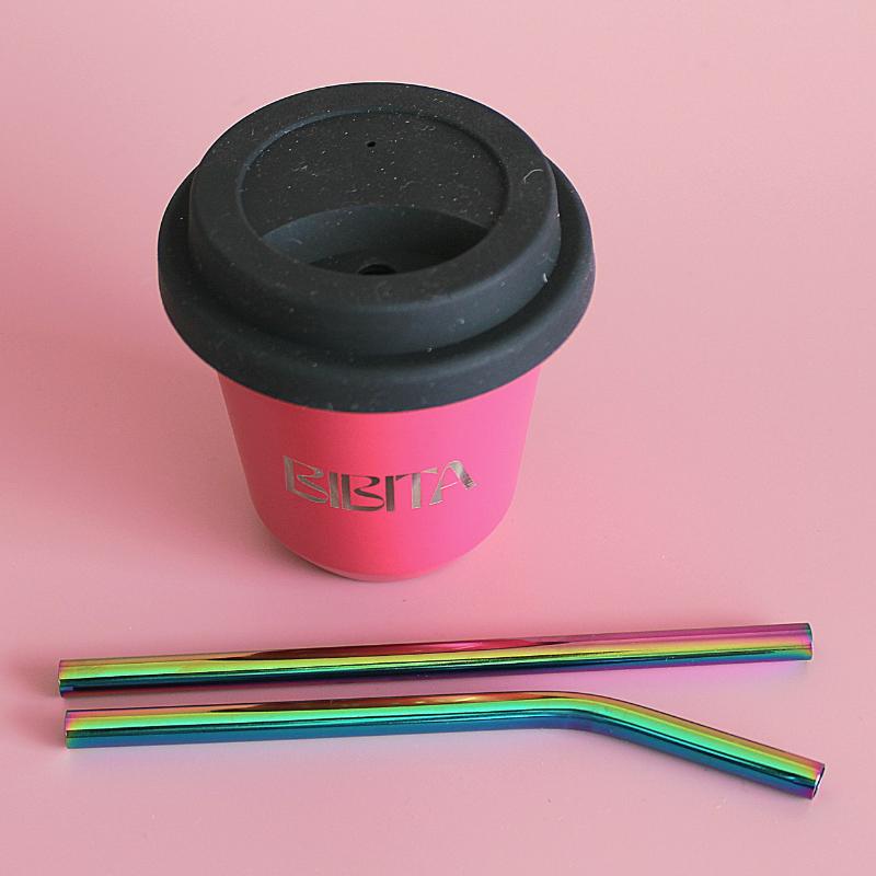 BIBITA | Small Double Wall Stainless Steel Reusable Cup | Straw Lid (Black) & Rainbow Straws | Watermelon Pink