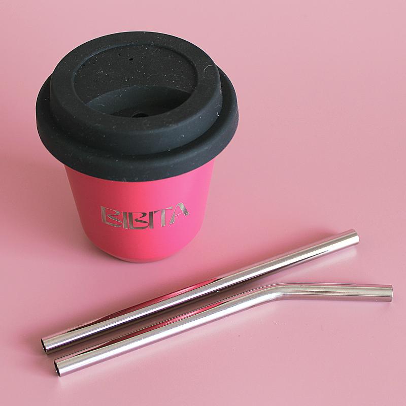 BIBITA | Small Double Wall Stainless Steel Reusable Cup | Straw Lid (Black) & Silver Straws | Watermelon Pink
