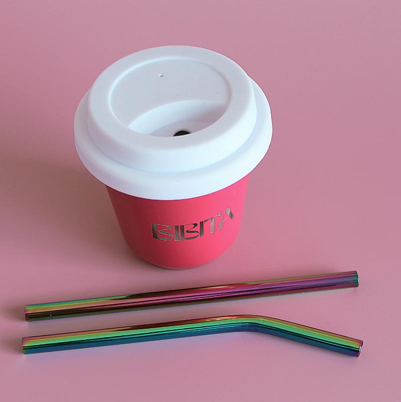 BIBITA | Small Double Wall Stainless Steel Reusable Cup | Straw Lid (White) & Rainbow Straws | Watermelon Pink