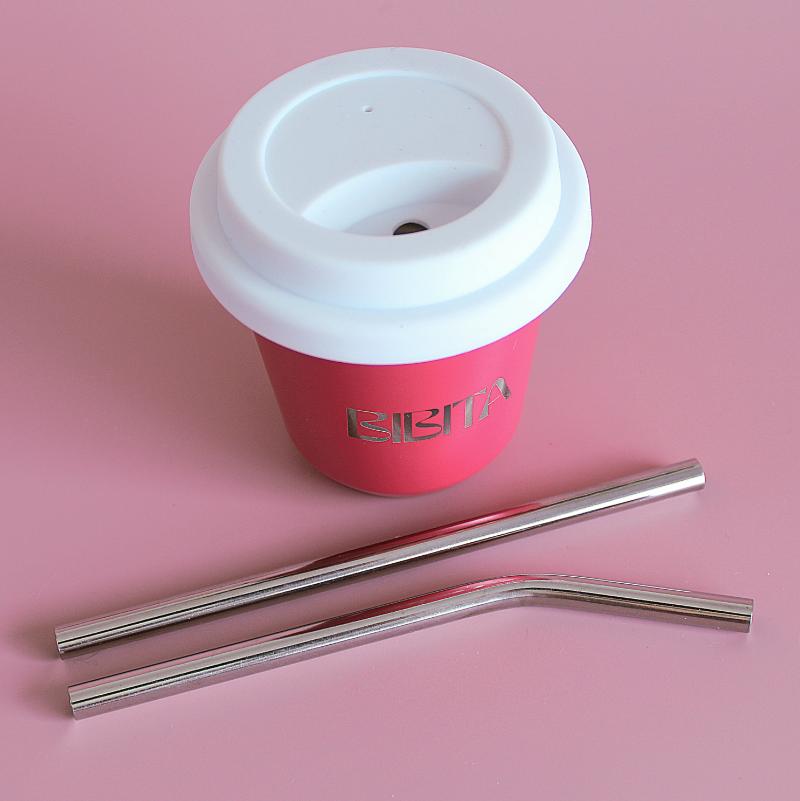 BIBITA | Small Double Wall Stainless Steel Reusable Cup | Straw Lid (White) & Silver Straws | Watermelon Pink