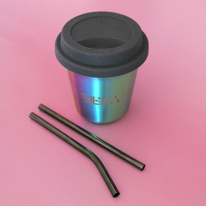 BIBITA | Medium Double Wall Stainless Steel Reusable Cup | Rainbow | Straw Lid (Black) & Black Straws