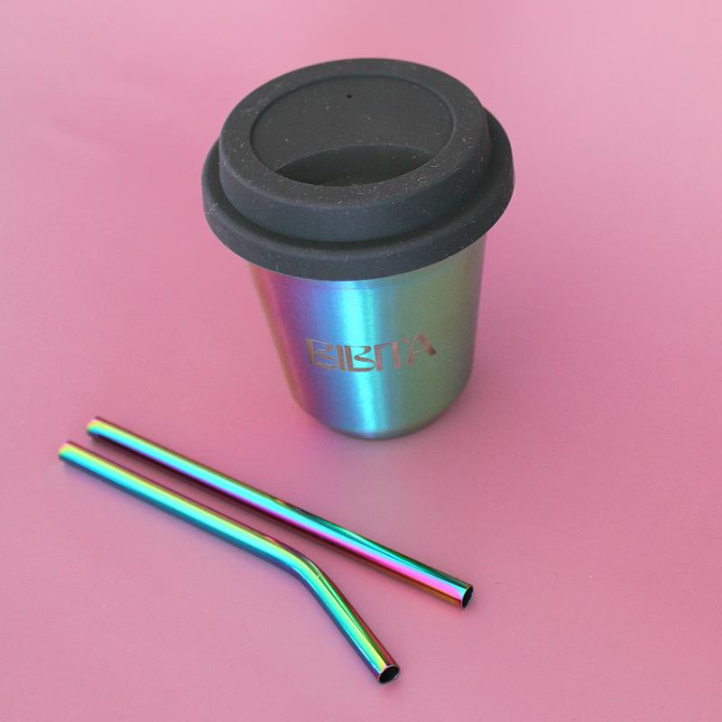 BIBITA | Medium Double Wall Stainless Steel Reusable Cup | Rainbow | Straw Lid (Black) & Rainbow Straws