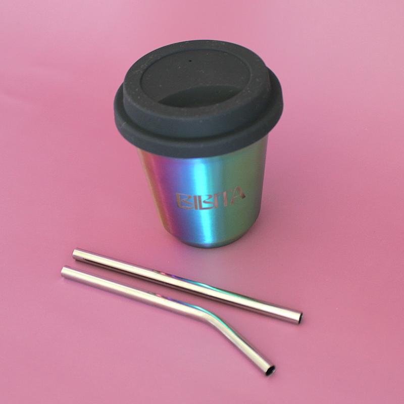 BIBITA | Medium Double Wall Stainless Steel Reusable Cup | Rainbow | Straw Lid (Black) & Silver Straws